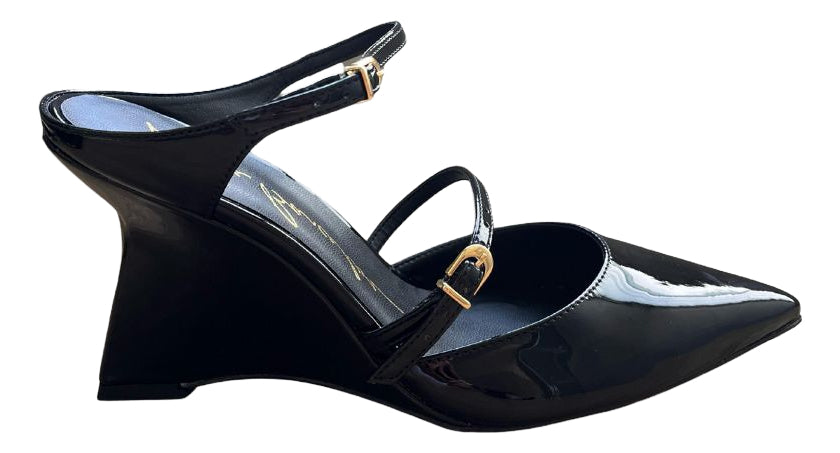 Scarpin Mule Salto Anabela Em Verniz Preto Luiza Barcelos